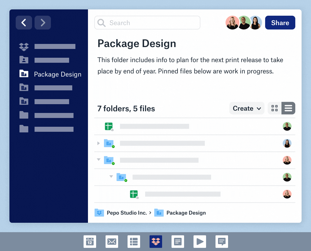 Animated screenshot showing tasks being added, a person being @mentioned, and files being pinned to the top of a folder in the new Dropbox desktop app