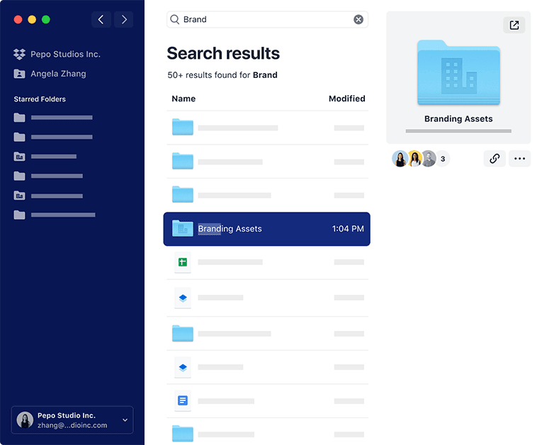 Screenshot of search results in the new Dropbox desktop app