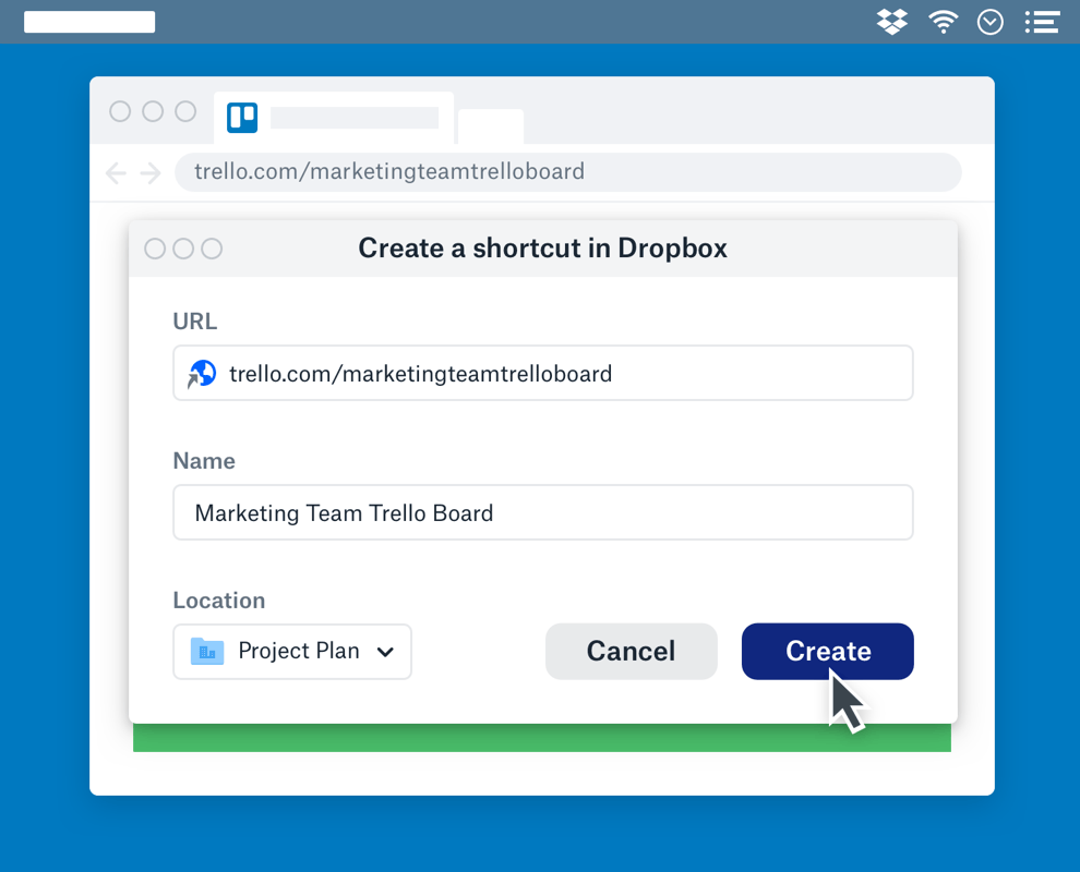 Screenshot of shortcut creation window in Dropbox