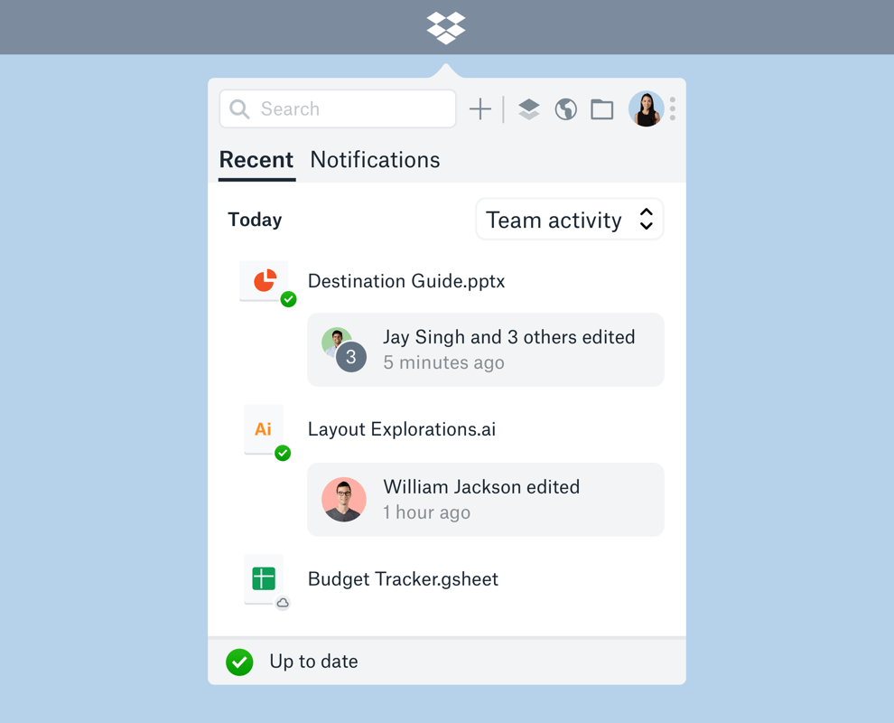 Screenshot of recent tab in Dropbox menu bar, showing team activity