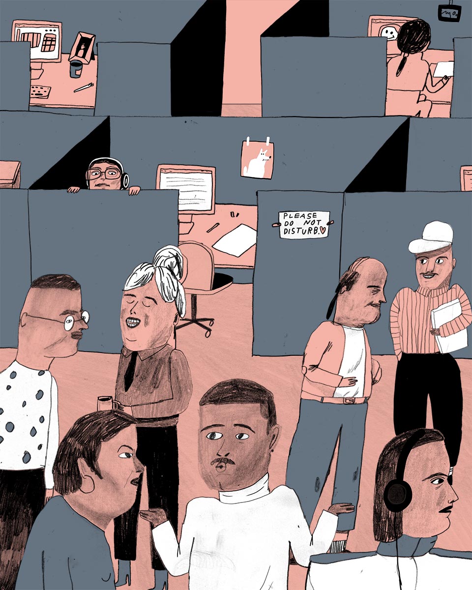 Illustration of workers in an open office by Skinkeape