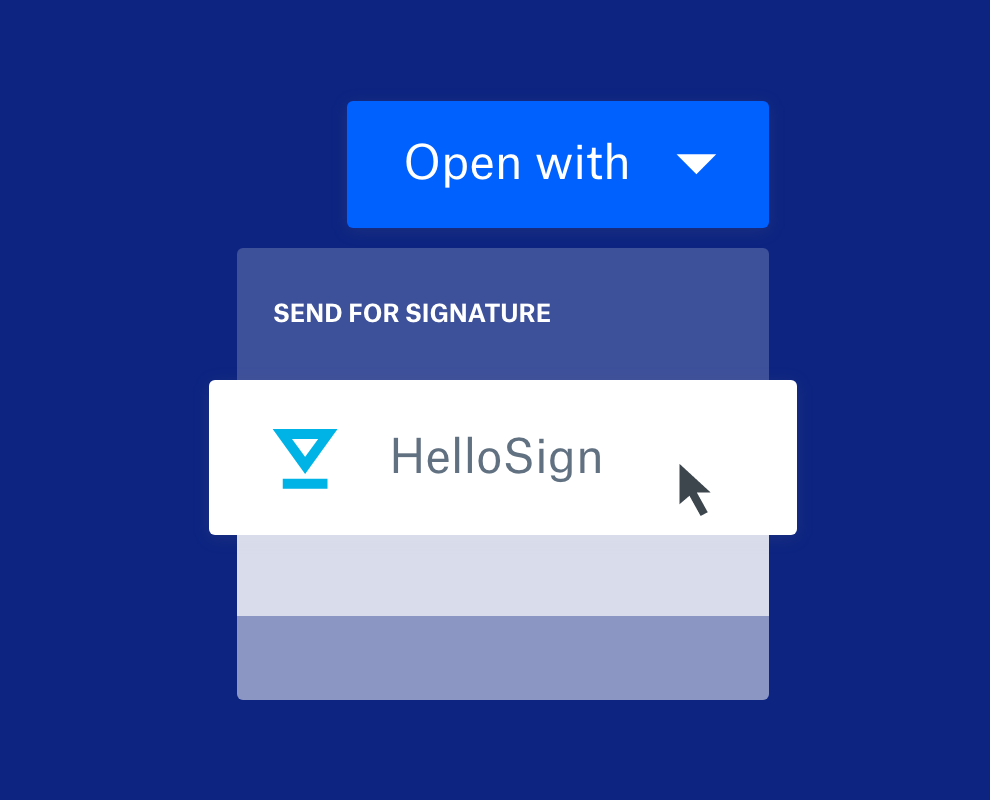 Dropbox '열기' 메뉴의 '서명 받기 위해 보내기' 섹션과 HelloSign이 표시된 일러스트레이션