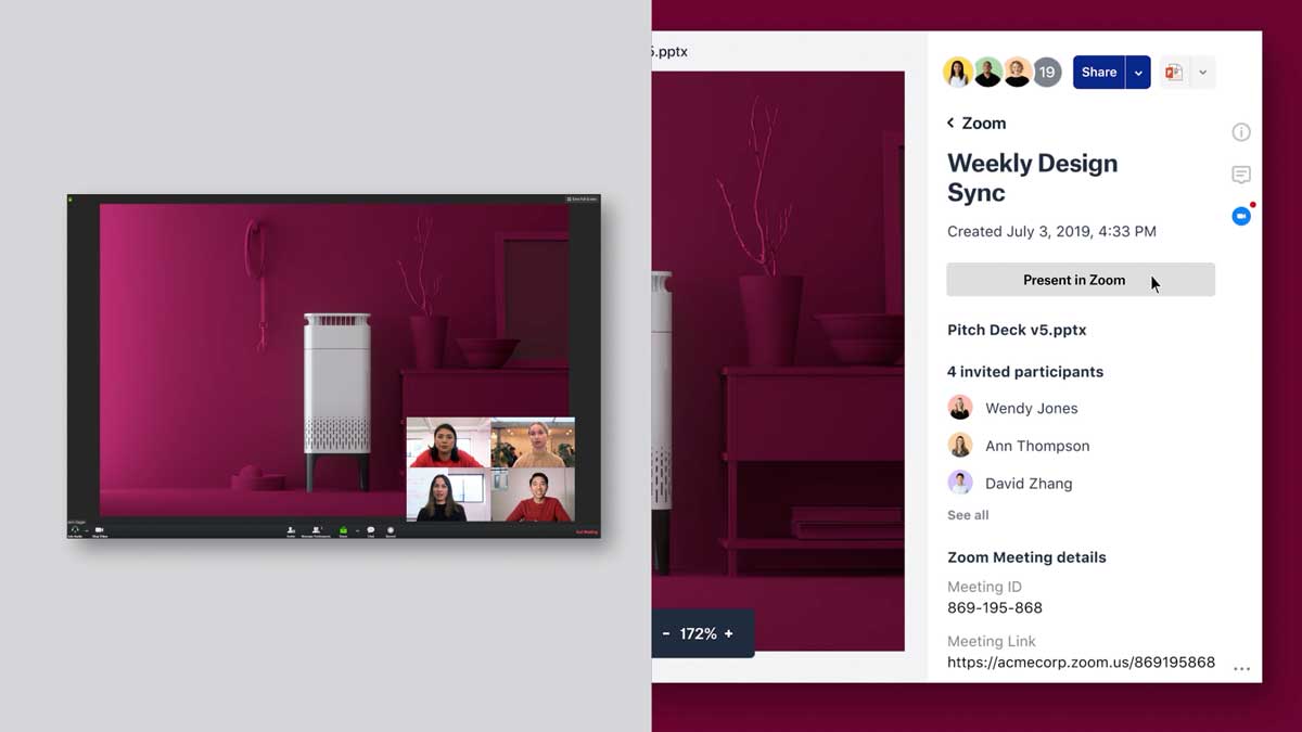 Someone clicking Present in Zoom button from Dropbox app on the right, with presented image being shown in a Zoom window on the left