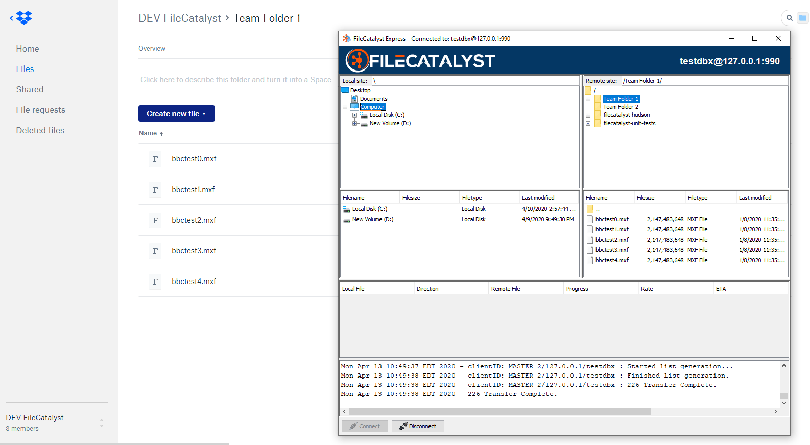 FileCatalyst window with Dropbox as remote site