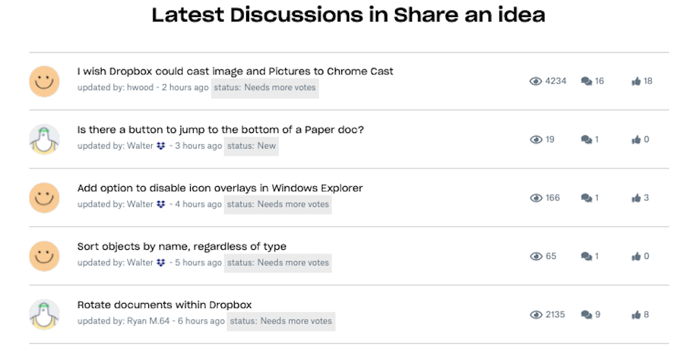 Screenshot of discussion threads on Dropbox Community