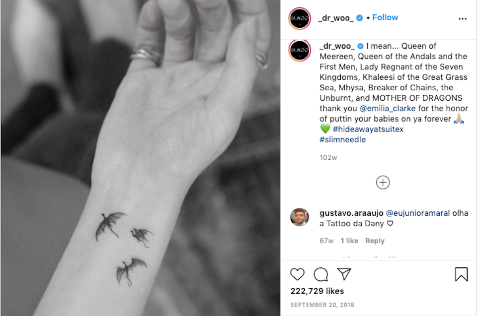 Dr. Woo’s tattoos on the wrist of Game of Thrones star Emilia Clarke