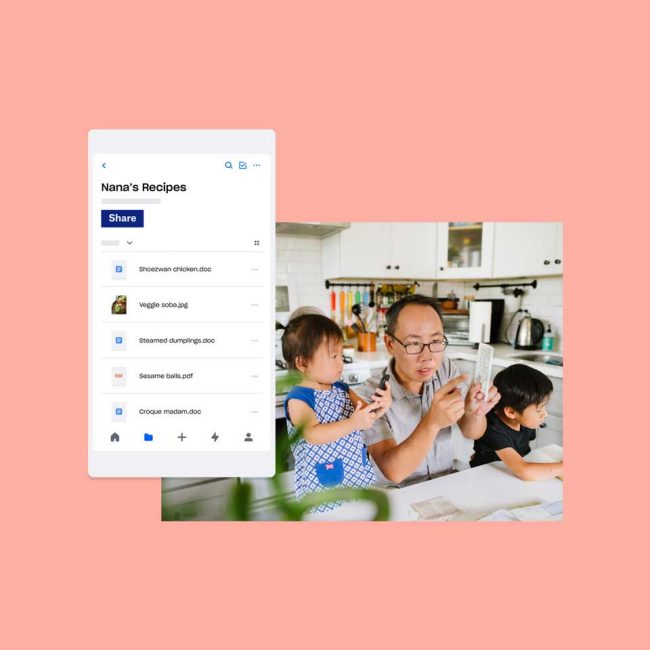 Father with two children looking at folder of Nana's Recipes in Dropbox