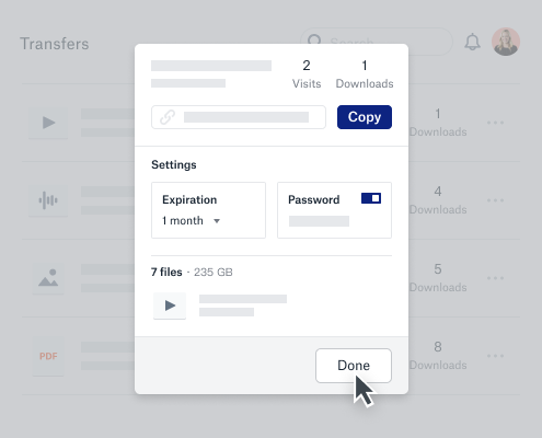 Janela de configurações com Expiração definida para 1 mês, senha de link ativada, cursor no botão Concluído