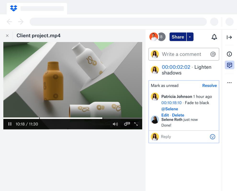 Aperçu d'un fichier vidéo avec commentaire à l'image près sur Dropbox