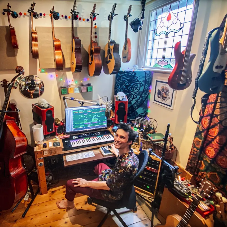 Photo of Jacob Collier at his home studio in London