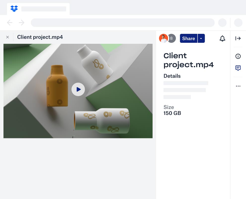 Anteprima di un file video da 150 GB denominato Client project.mp4 in Dropbox.com