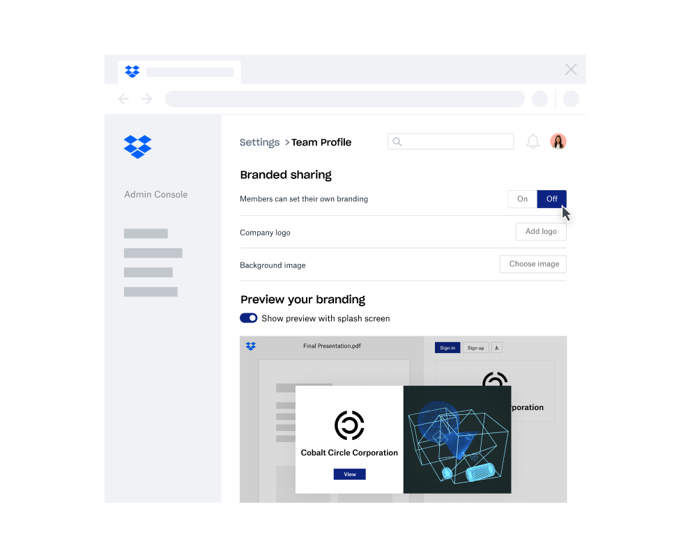 Animation showing the Branded Sharing feature in Dropbox