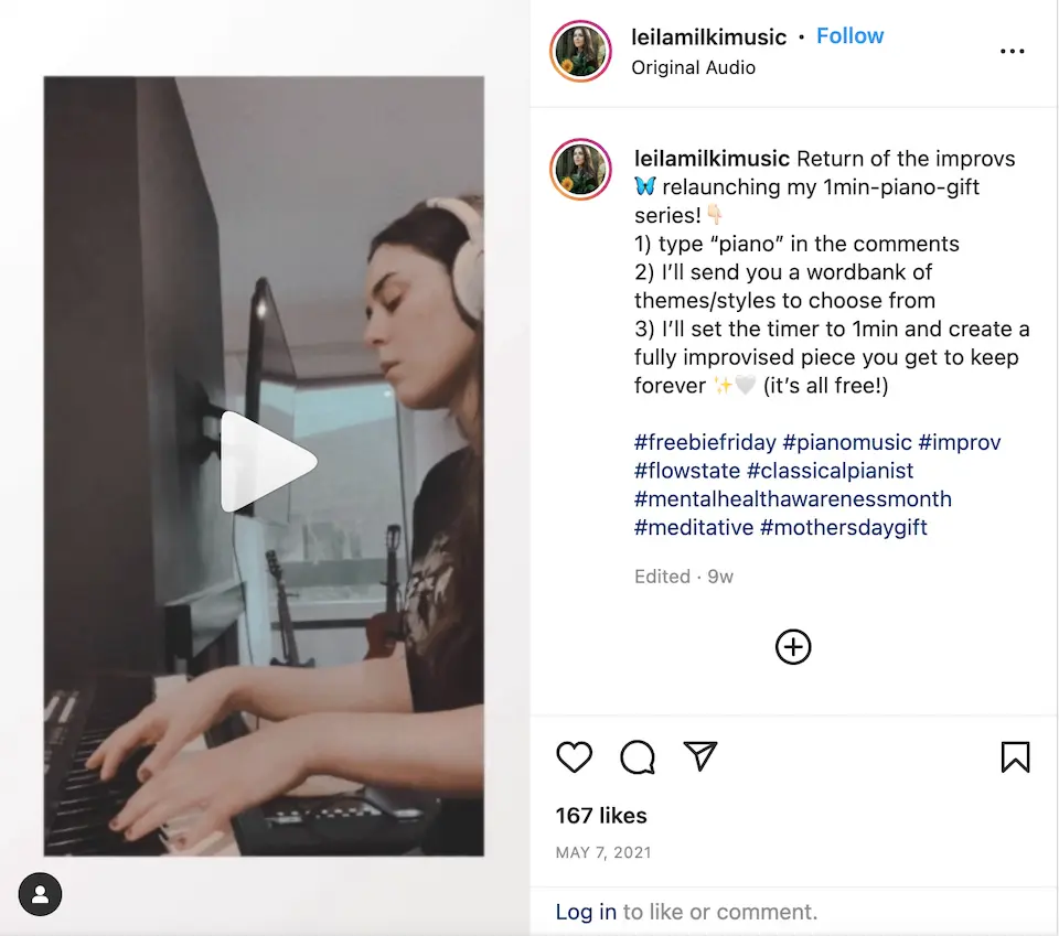 Leila Milki Instagram post offering 1-minute improvisation as gift bundles to followers.