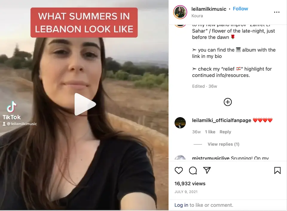Instagram post by Leila Milki sharing her nostalgia for summers in Lebanon