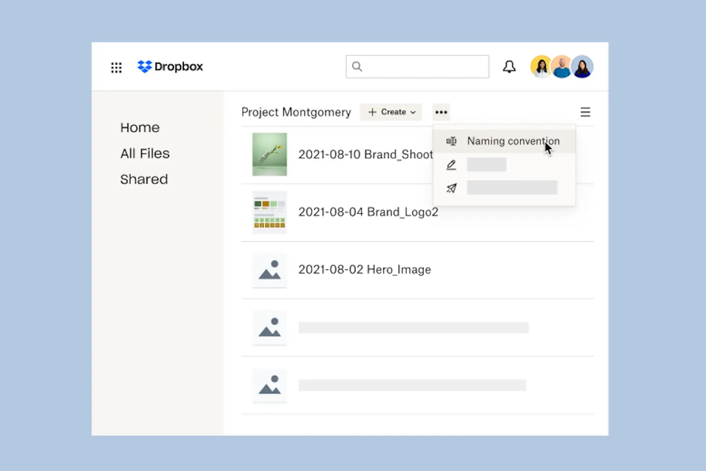 Screenshot showing naming conventions in Dropbox