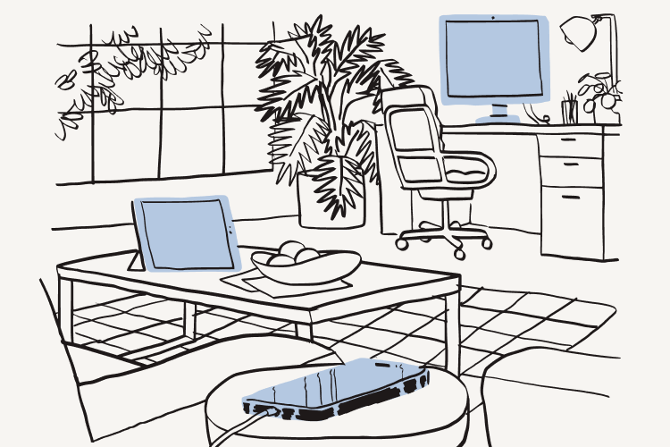 En illustration af et værelse med et skrivebord, sofabord og tre elektroniske enheder fremhævet med blåt