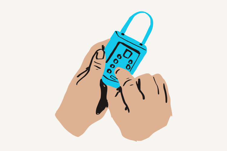 En illustration av två händer som håller ett blått lås