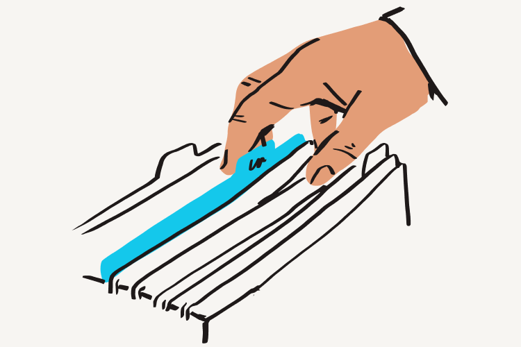 Una ilustración de una mano buscando un documento azul en una carpeta de archivos