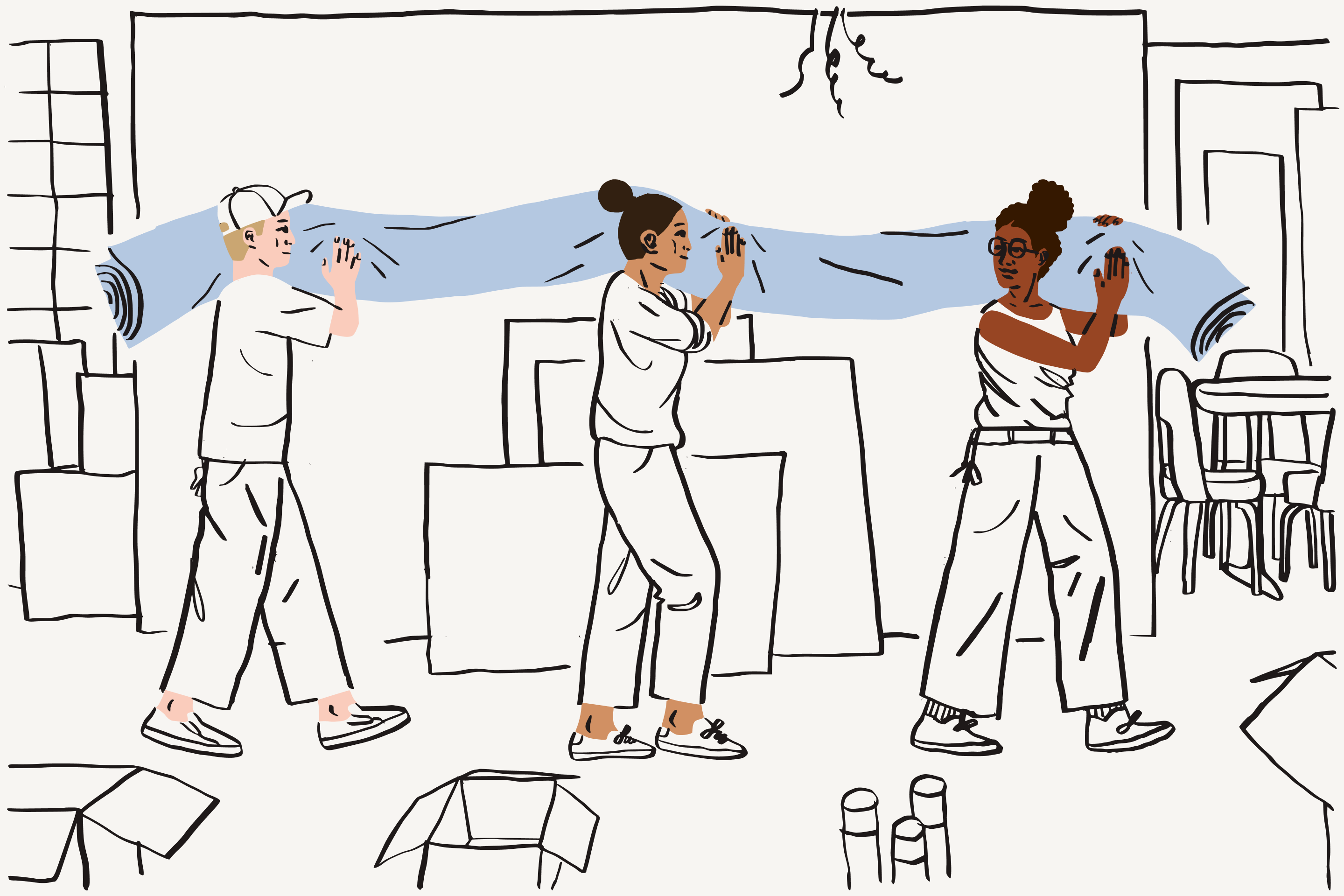 插图：一名男士和两名女士共同扛着一块卷起来的地毯