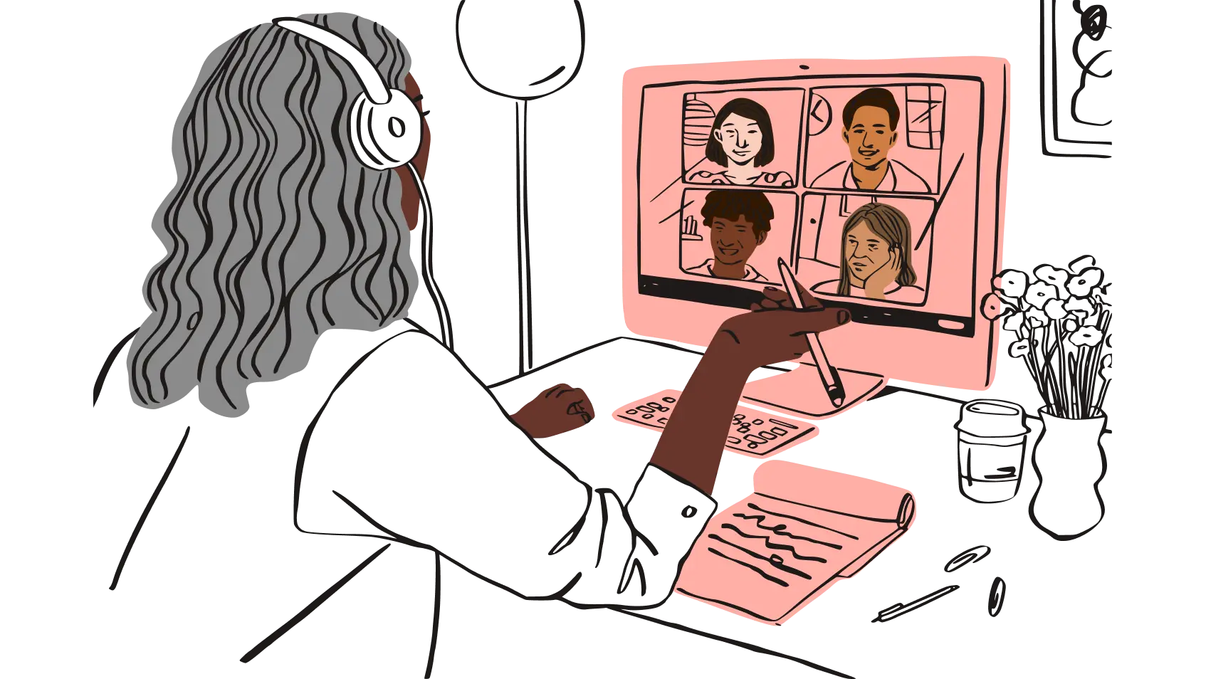 Illustrasjon av en person som snakker til et fjernteam i en videosamtale