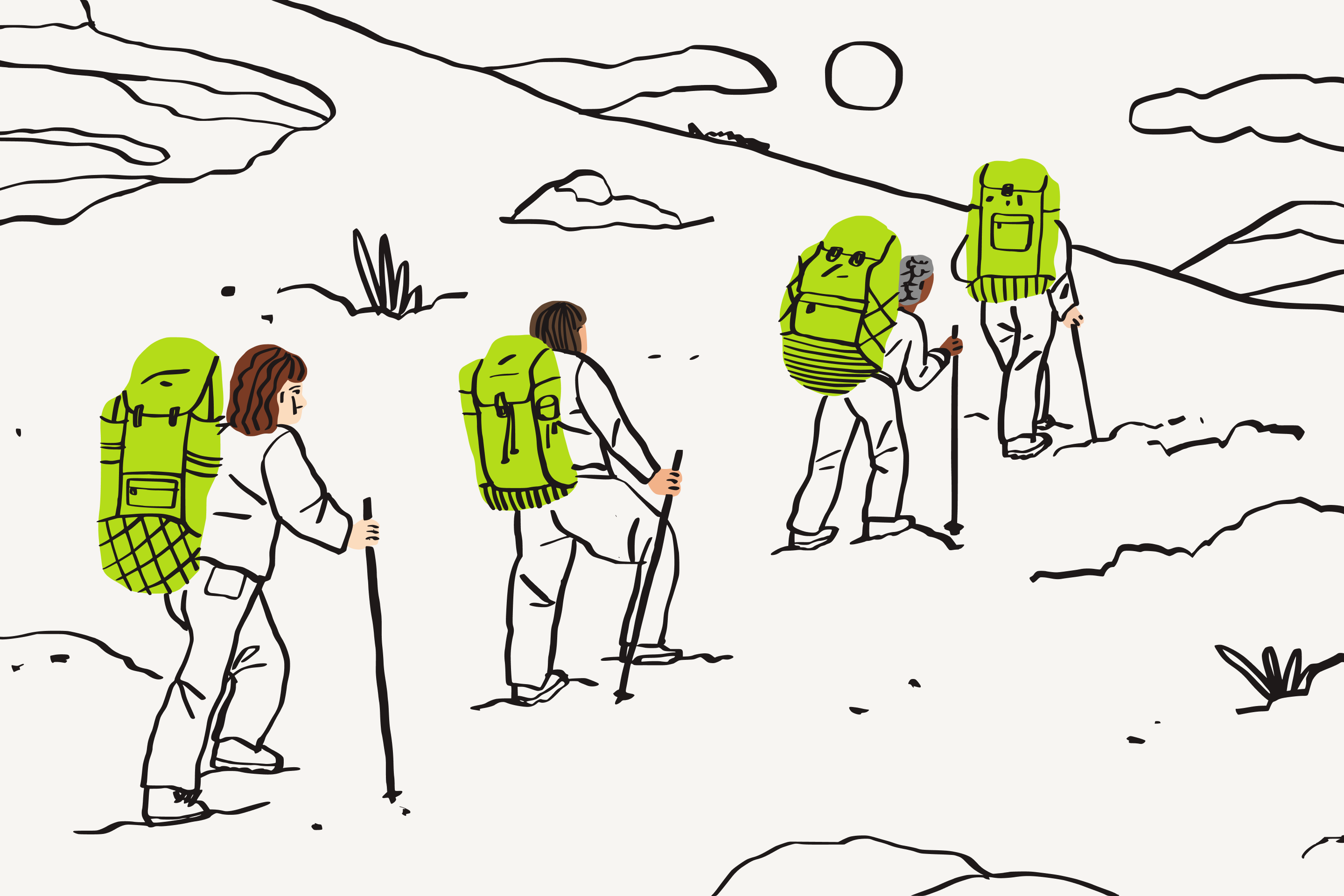 Ilustración de cuatro personas subiendo por una montaña y equipadas con mochilas grandes.