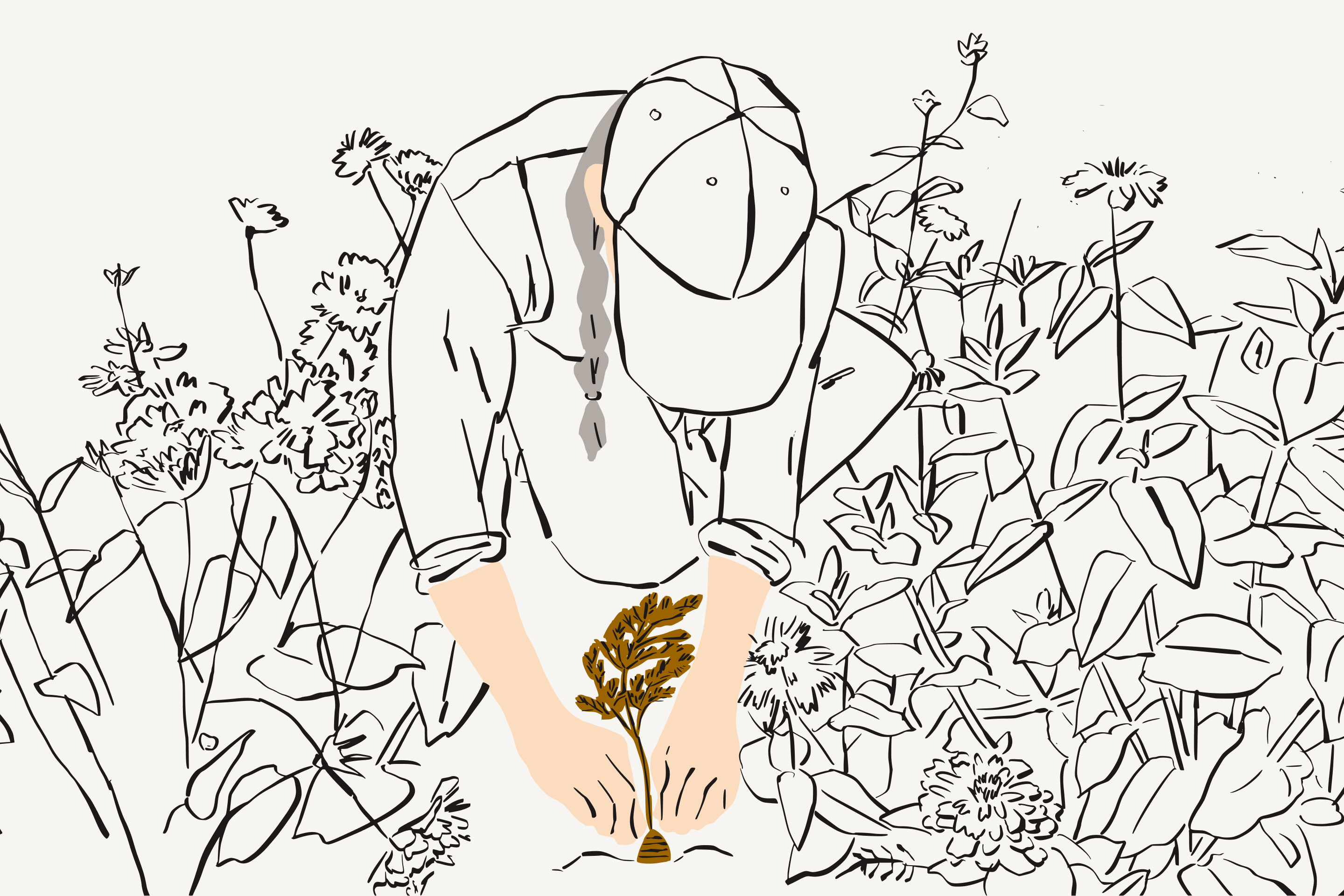 Illustrasjon av en kvinne som planter rotgrønnsaker, omgitt av løvverk