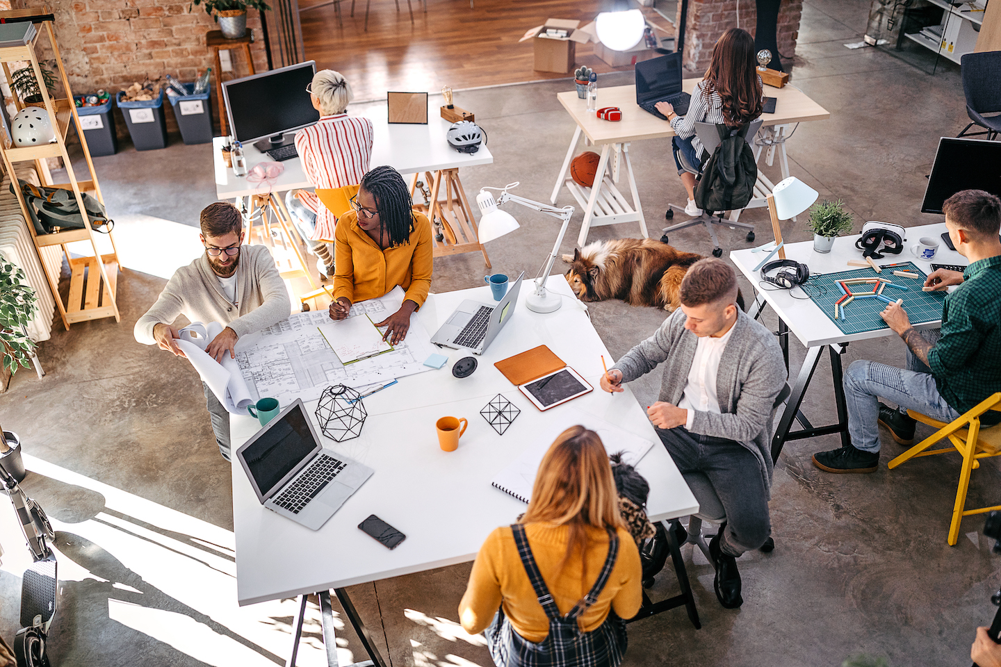 men and women with design plans in an office