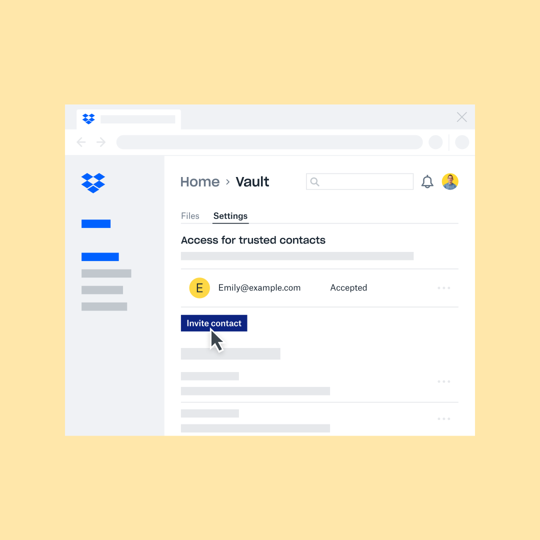 A trusted contact is invited to access important personal files on Dropbox Vault