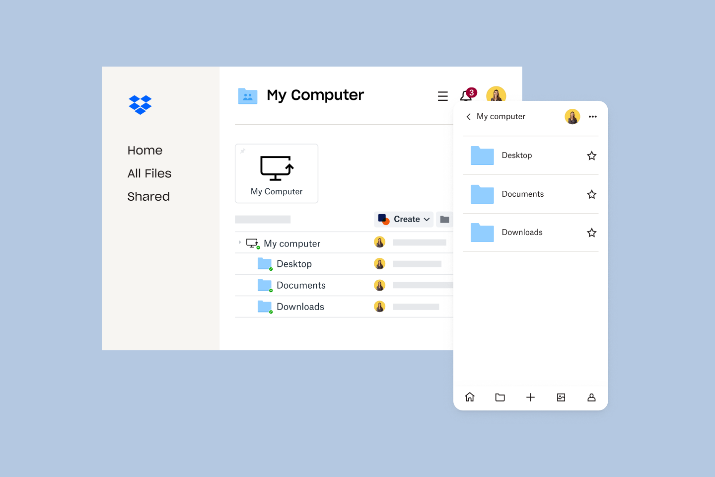 A Dropbox Backup account space with folders for Desktop, Documents, and Downloads