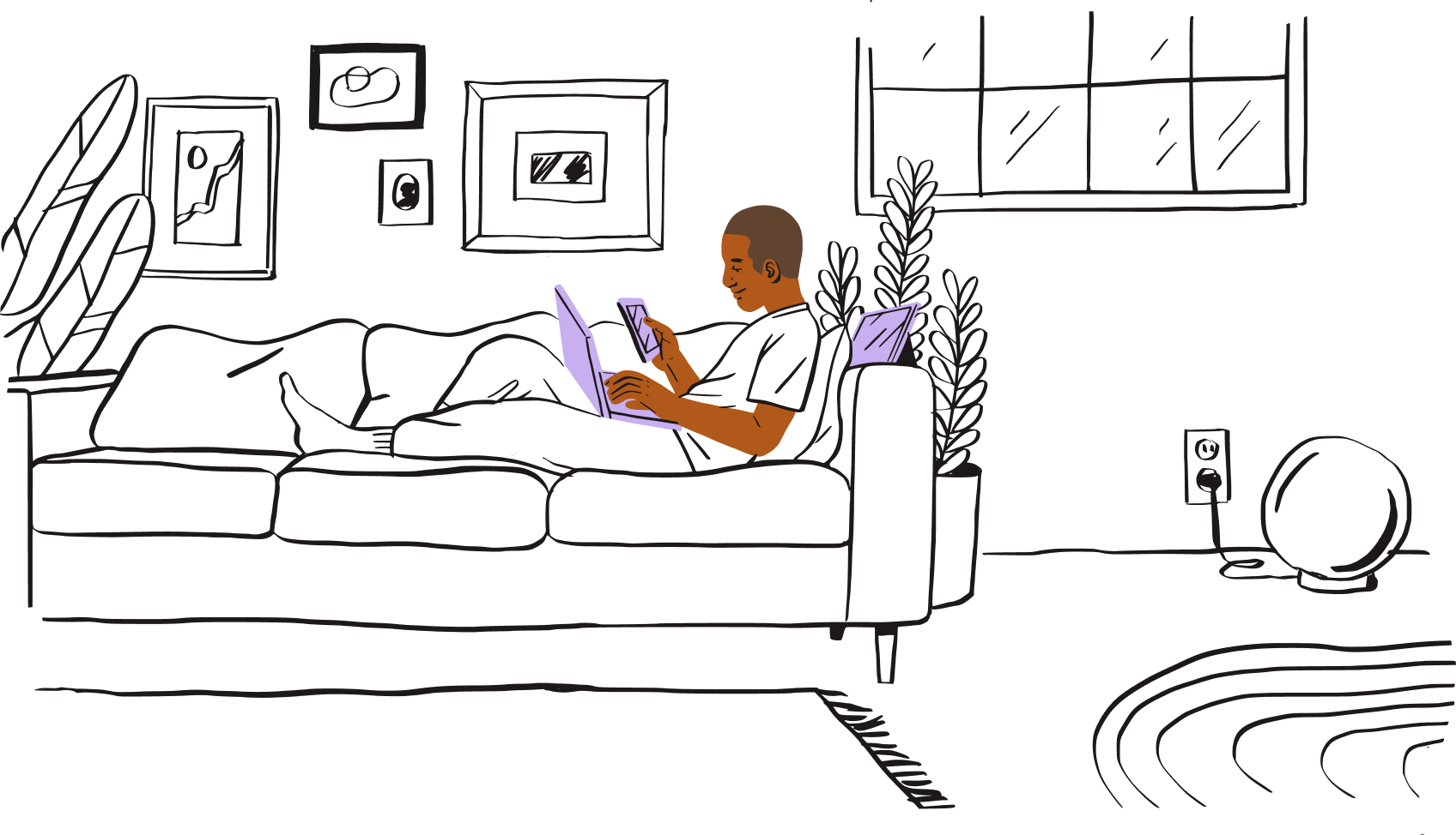 Illustration of a person using multiple devices at home