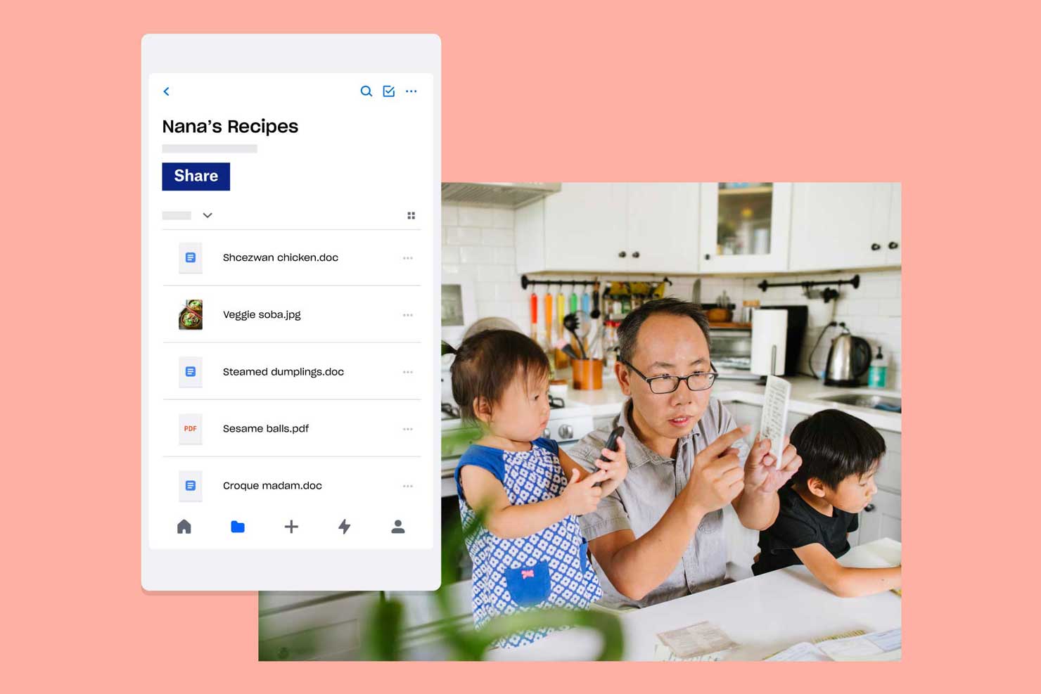 Father with two children looking at folder of Nana's Recipes in Dropbox