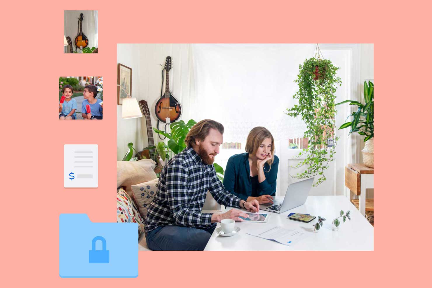 Couple sitting at table with tablet and laptop, looking at photos and document in Dropbox