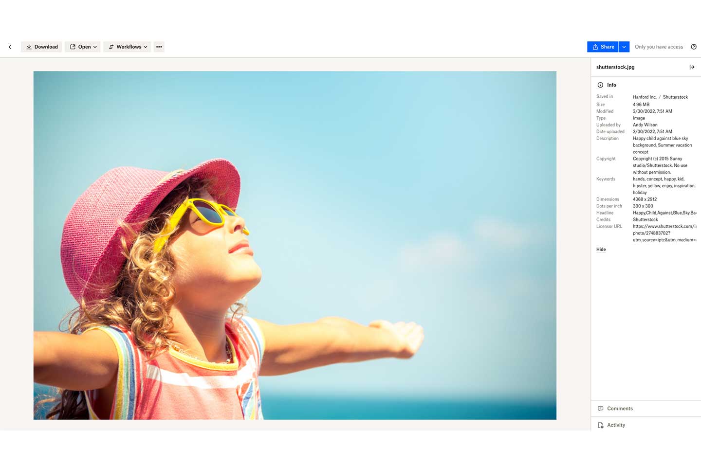 Dropbox のプレビュー画面に表示されている、海岸にいる少女の写真。右側のサイドバーには画像の詳細情報が表示されている