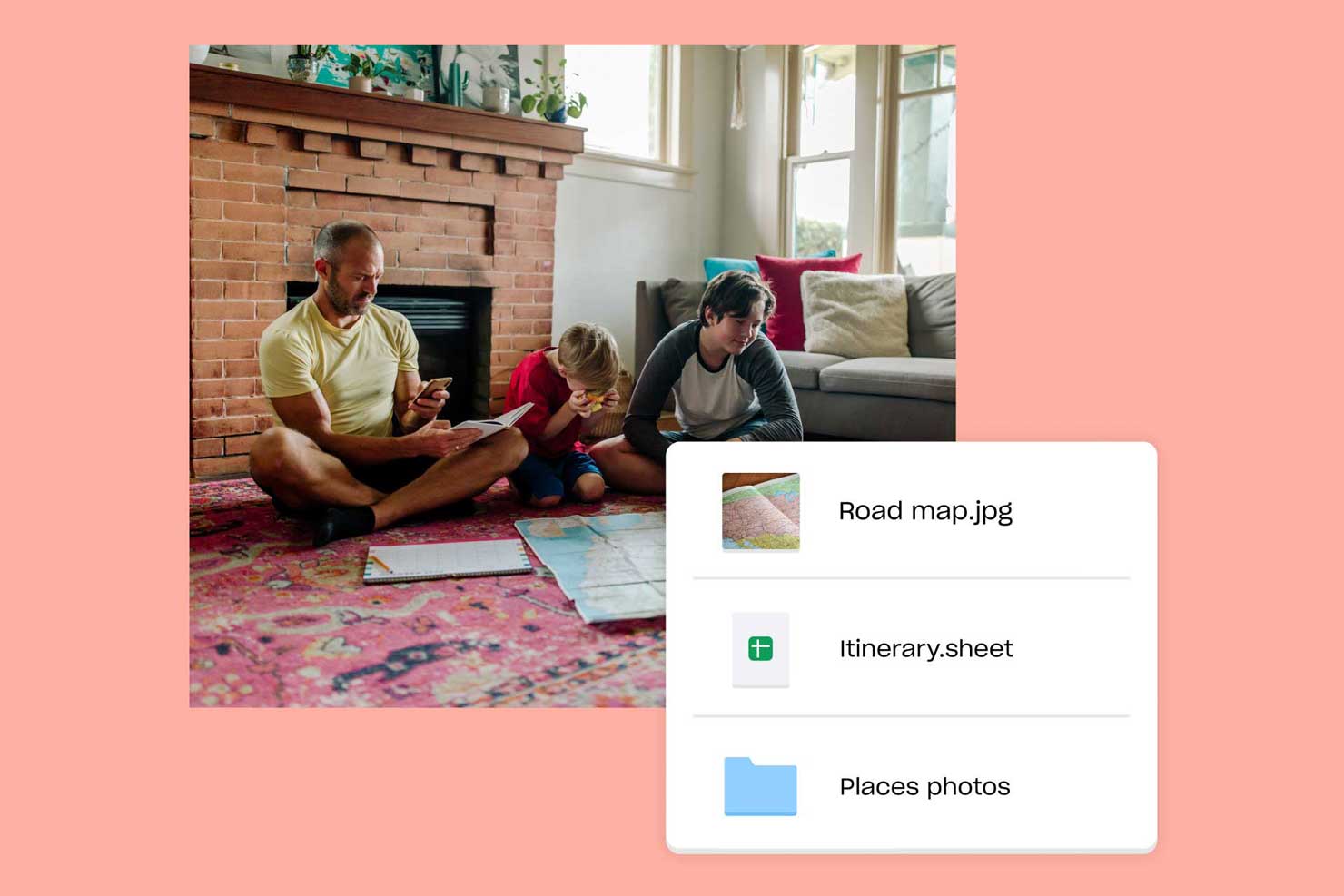 Father sitting on floor with two sons, map, and notepad, looking at travel-related files in Dropbox on phone