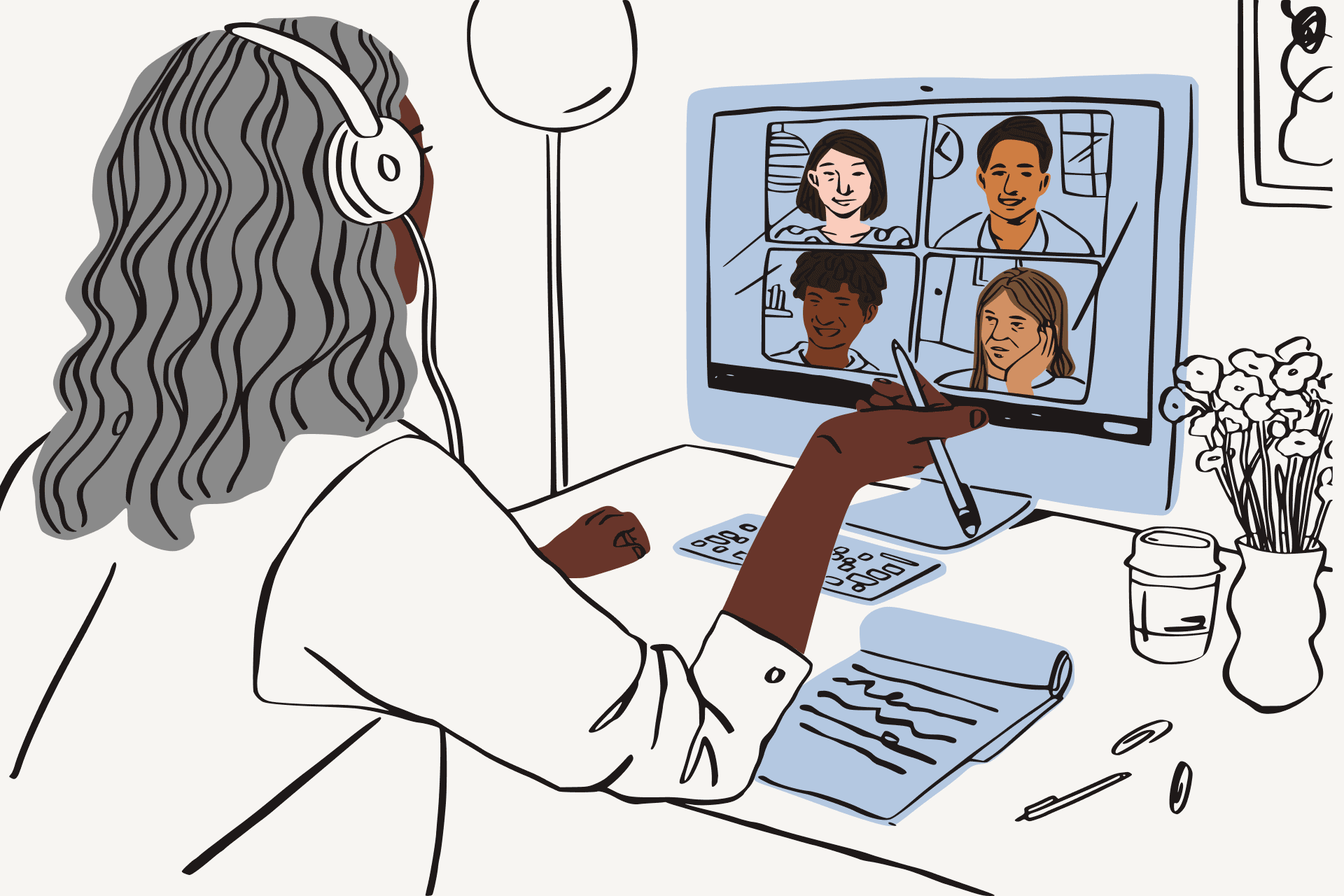 Illustration of person in Zoom meeting with 4 others