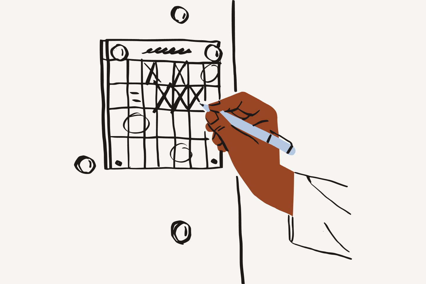 An illustration of an events planner marking dates on a calendar