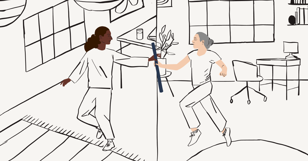 En illustration av en person som lämnar över en stafettpinne till en annan person