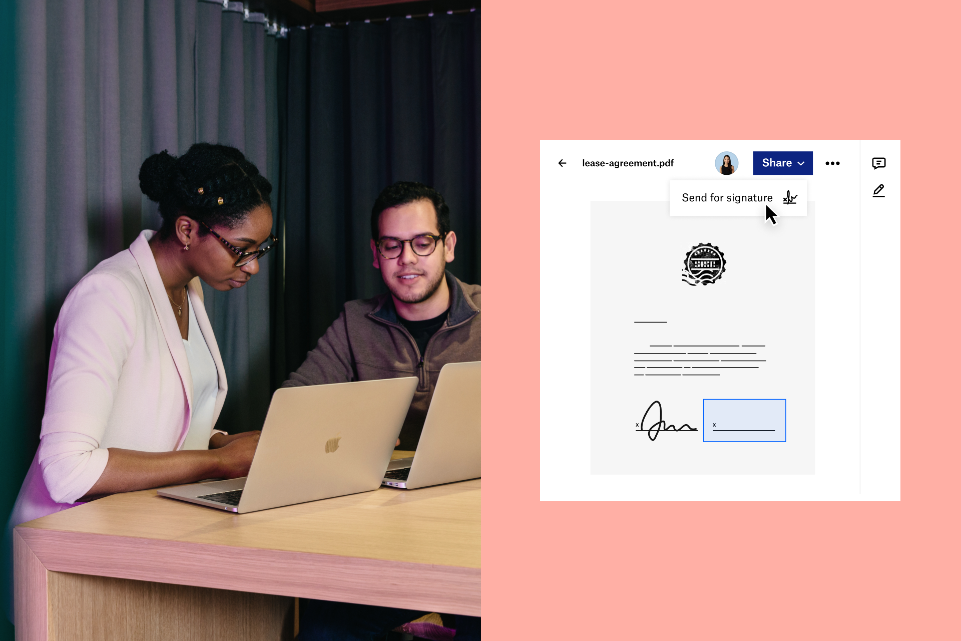 Two team members reviewing a lease agreement pdf which is being sent for an eSignature via Dropbox