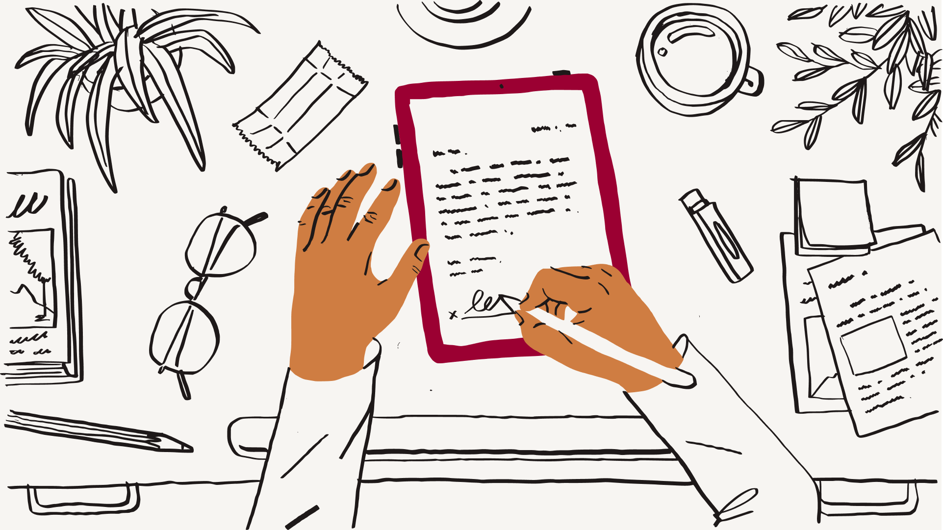 An illustration of a person signing a paper document