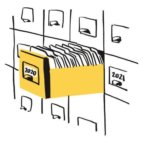 Ilustracja przedstawiająca teczki z dokumentami przechowywane w archiwum, co symbolizuje kopie zapasowe plików cyfrowych