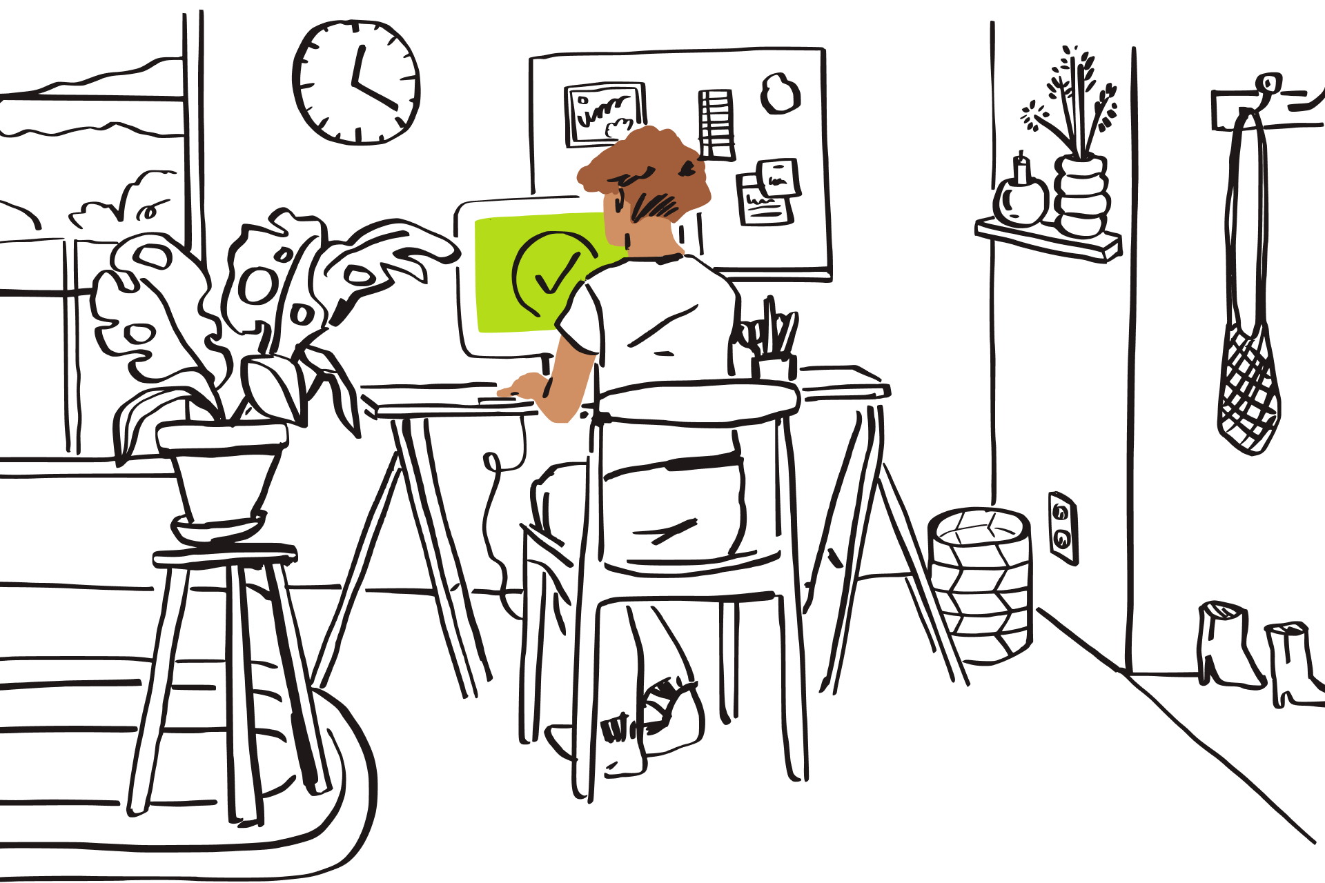 Black line illustration of a room with person typing at a computer with a green screen and tick