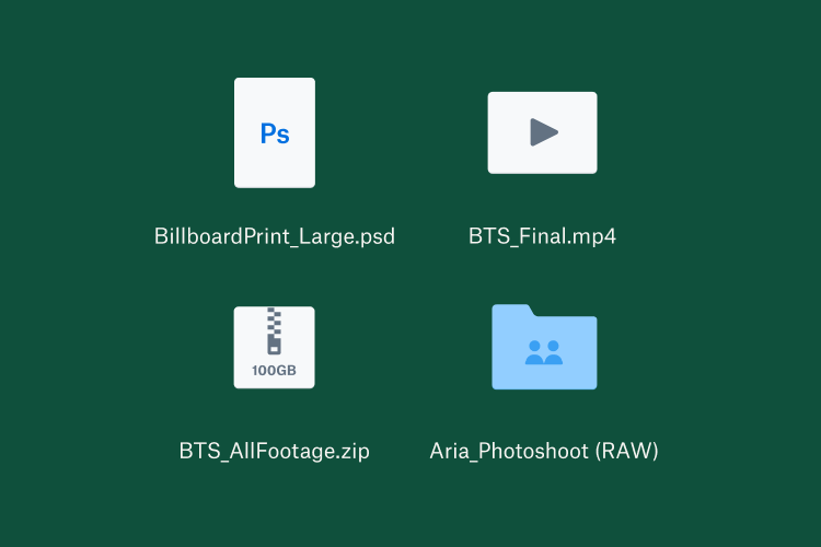 Siatka czterech plików i folderów umieszczonych na koncie Dropbox