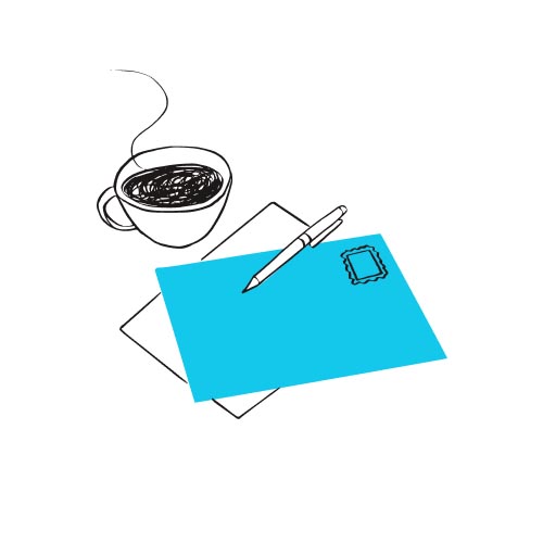 Illustration of envelope and pen on top of card, next to mug of coffee