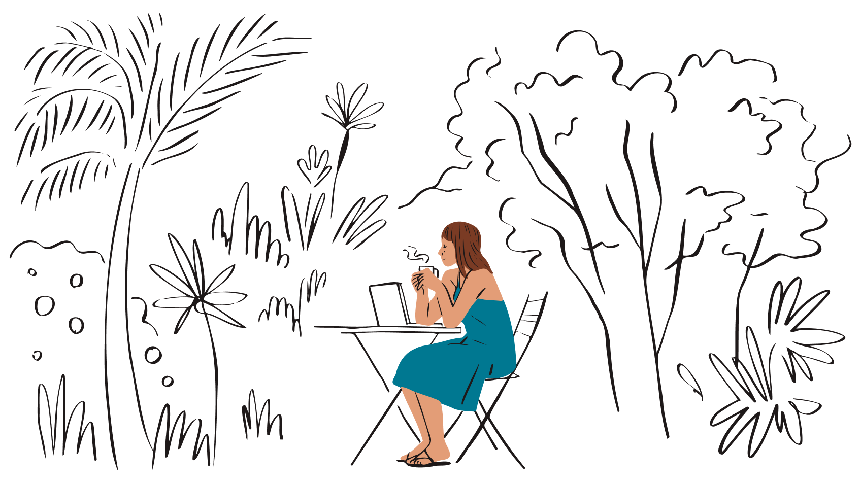 Illustration of woman sitting at table in a forest with laptop and coffee