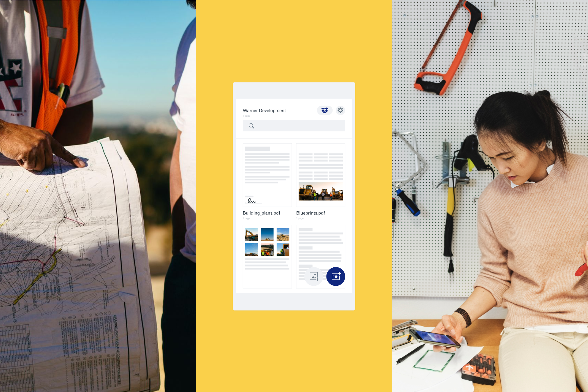 Composite image of a cell phone with Dropbox, a construction worker pointing to a blue print, and a woman scanning documents from her cell phone in a tool shed. 