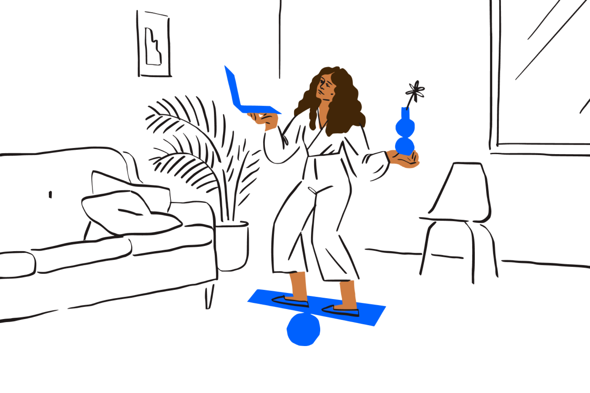 Иллюстрация, на которой изображена женщина, справляющаяся с несколькими задачами одновременно; иллюстрация символизирует повседневную жизнь всех предпринимателей, независимо от статуса