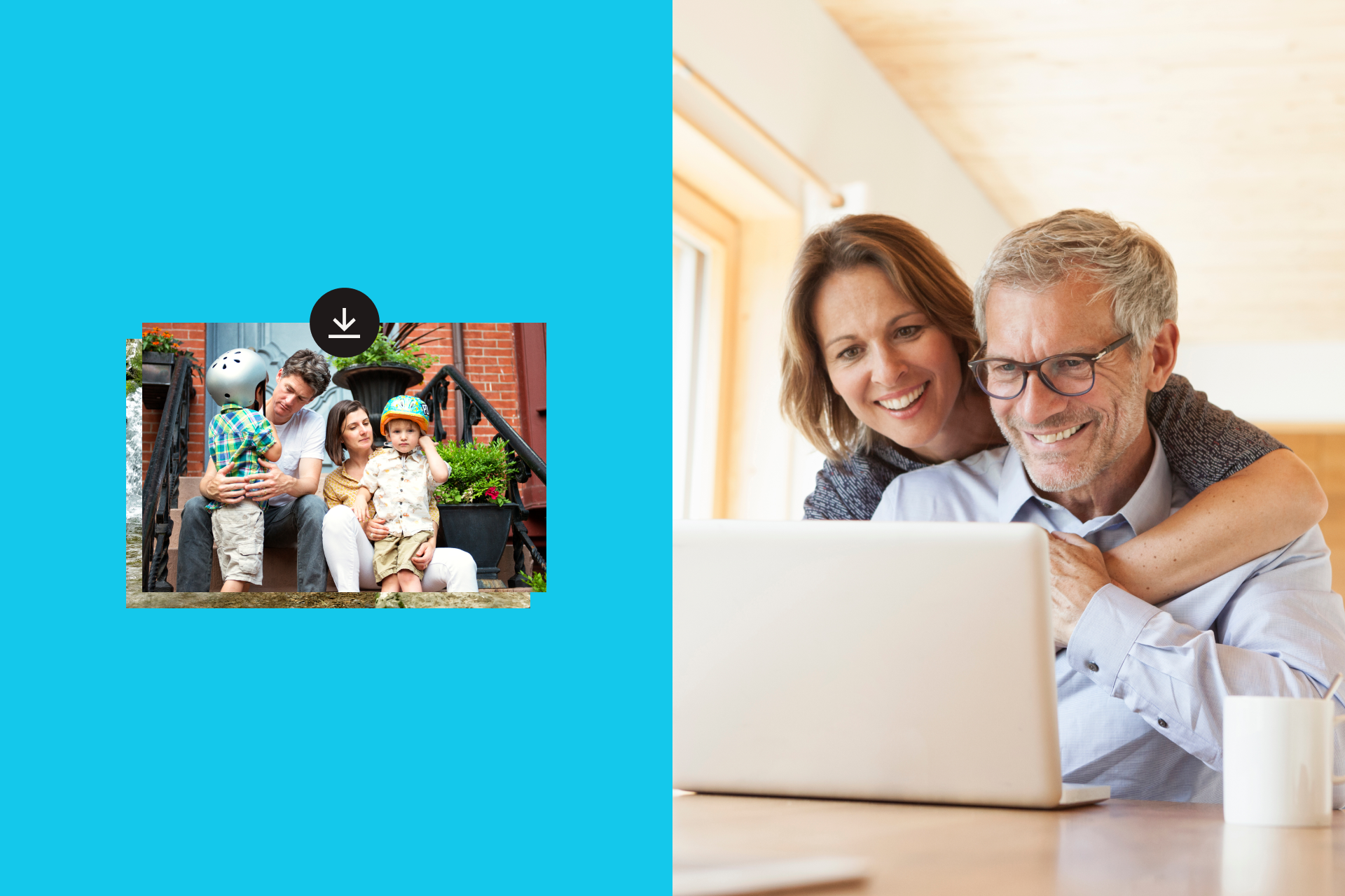 Smiling couple looks at a laptop displaying a photo of a couple with two kids