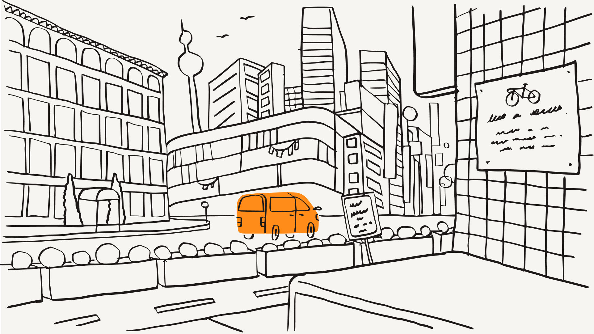 Ilustración de un coche en el centro de una ciudad