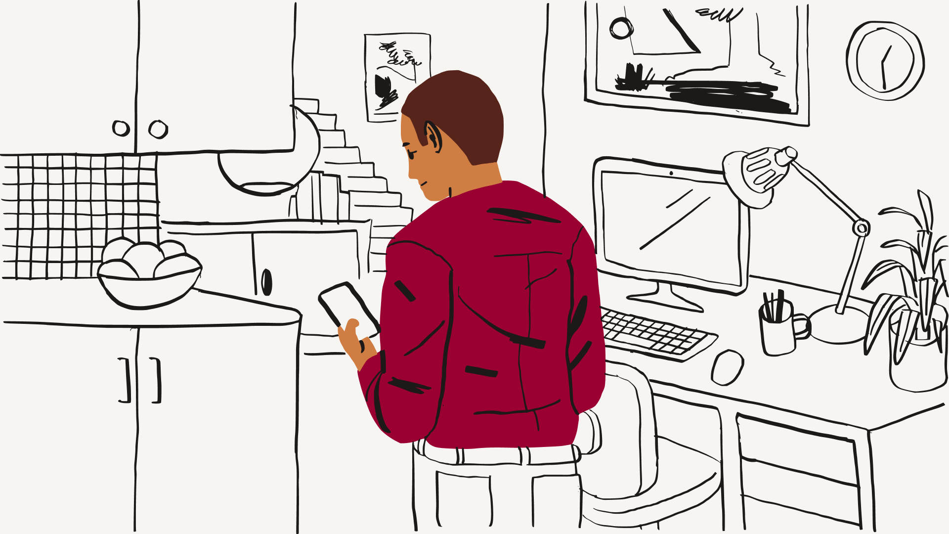Ilustrasi seseorang yang memakai baju merah melihat telefon mudah alih di sebelah meja dengan monitor dan papan kekunci