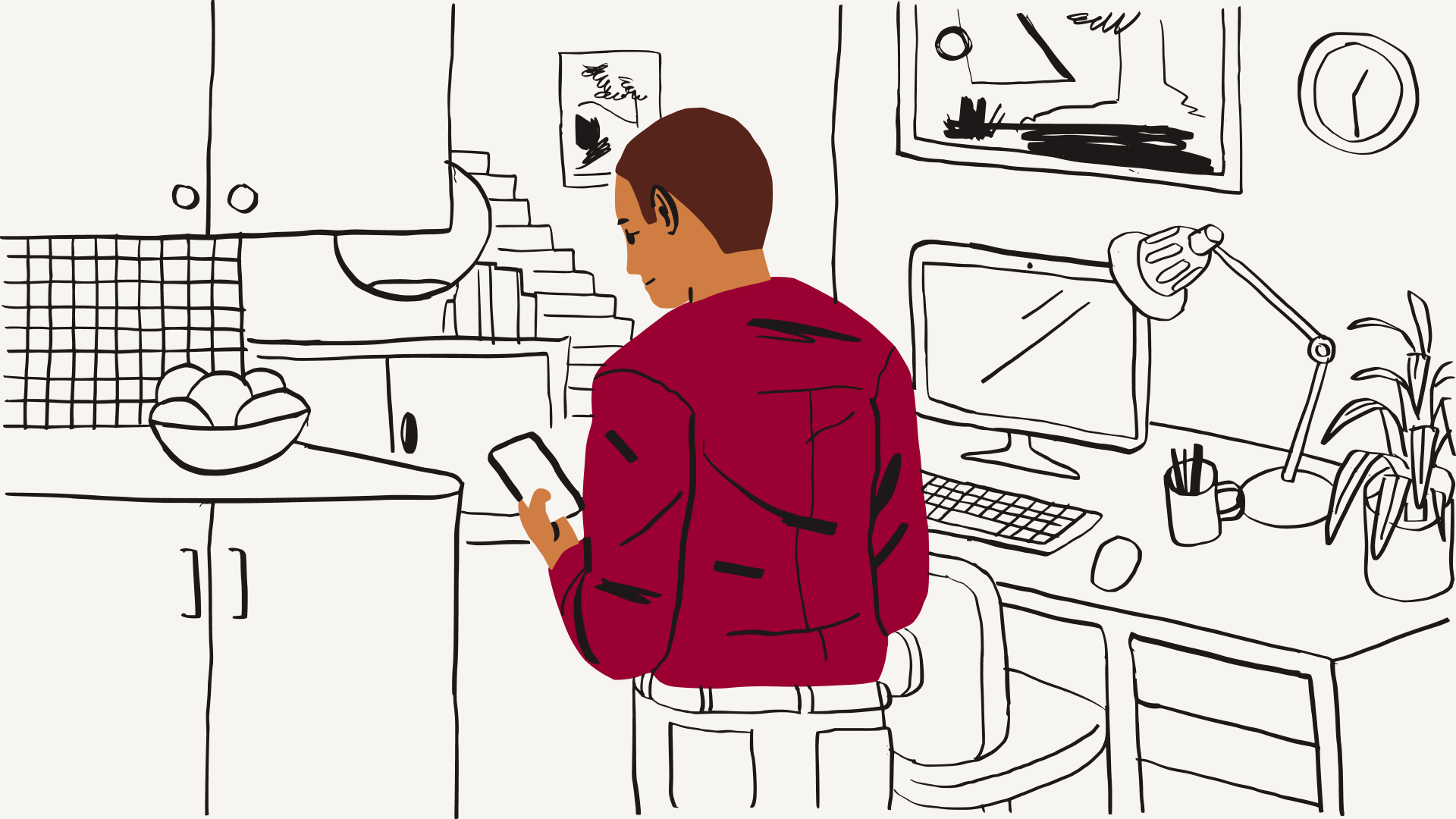 Illustration d'une personne portant une chemise rouge qui regarde un téléphone mobile à côté d'un bureau avec un écran et un clavier